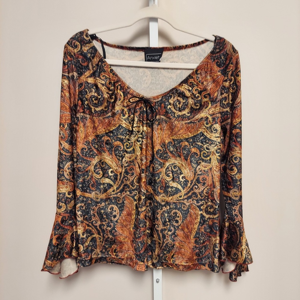 Anxiety Paisley Bell Sleeve Tie Front Scoop Neck Top Boho 90s Y2k Bohemian